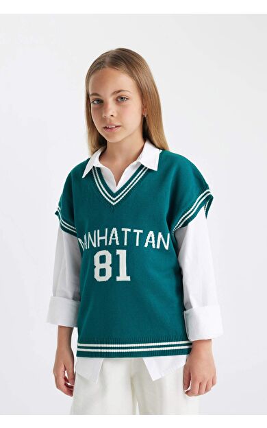 DeFactoFit Kız Çocuk V Yaka Süveter