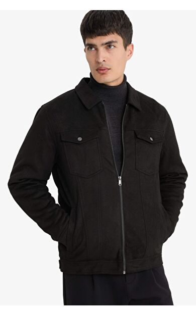Slim Fit Dar Kesim Gömlek Yaka Fermuarlı Süet Mont A3254AX25AUBK27