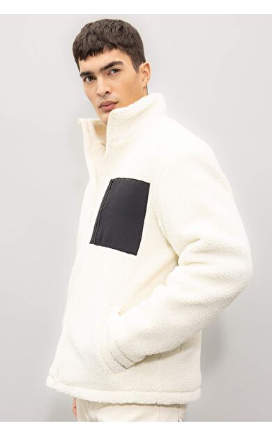 DeFacto Slim Fit Dar Kesim Dik Yaka Fermuarlı Pelüş Mont