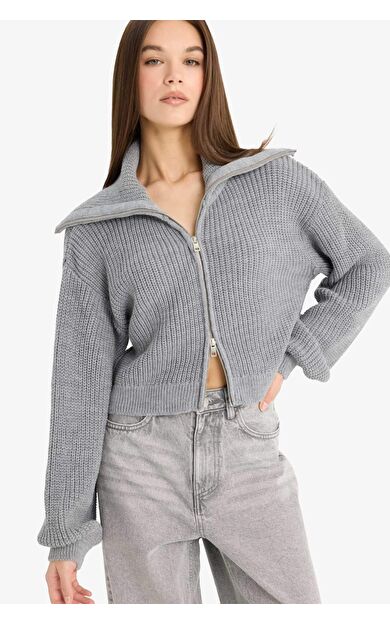 DeFacto Slim Fit Dar Kesim Polo Yaka Fermuarlı Triko Hırka