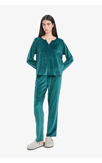 DeFacto Pijama Takımı Regular Fit Uzun Kollu Velur Üst Uzun Alt-Fall in Love