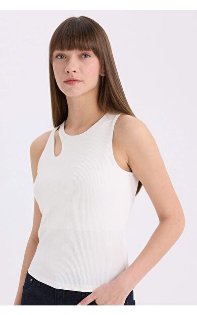 DeFacto Slim Fit Dar Kesim Bisiklet Yaka Fitilli Kaşkorse Beyaz Atlet