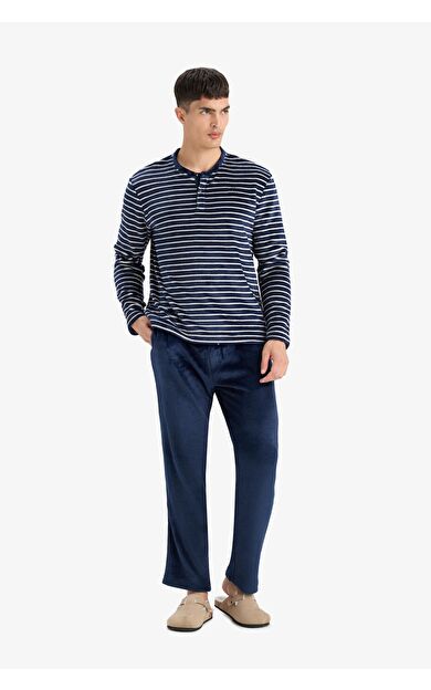 DeFacto Pijama Takımı Regular Fit Çizgili Uzun Kollu Üst Welsoft Pelüş Uzun Alt