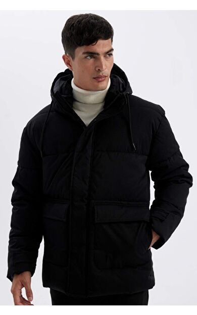 DeFacto Slim Fit Dar Kesim Şişme Mont Kapüşonlu Fermuarlı Çift Cepli A3489AX24WNBK27