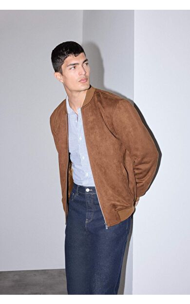 Slim Fit Dar Kesim Kolej Yaka Fermuarlı Süet Bomber Mont