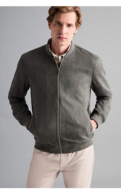 Slim Fit Dar Kesim Kolej Yaka Bomber Fermuarlı Süet Mont