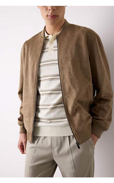 DeFacto Slim Fit Süet Bomber Mont Ceket Dar Kesim Kolej Yaka Fermuarlı Çift Cepli Mevsimlik Hafif A3866AX25SPBN297