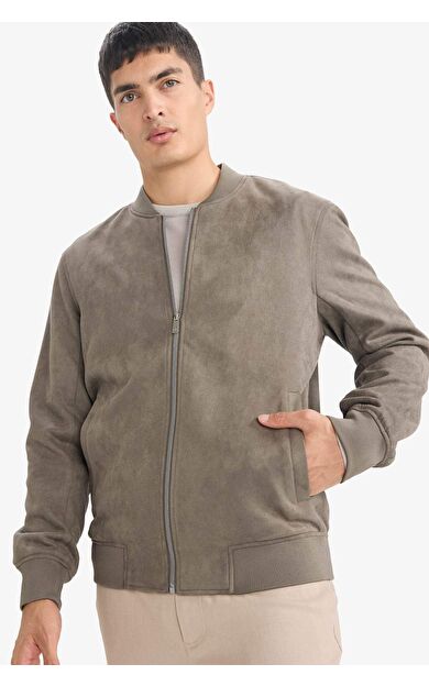 Slım Fıt Dar Kesim Kolej Yaka Bomber Astarlı Fermuarlı Süet Mont