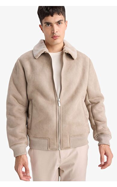 Slim Fit Dar Kesim Kürklü Polo Yaka Astarlı Fermuarlı Cepli Süet Mont