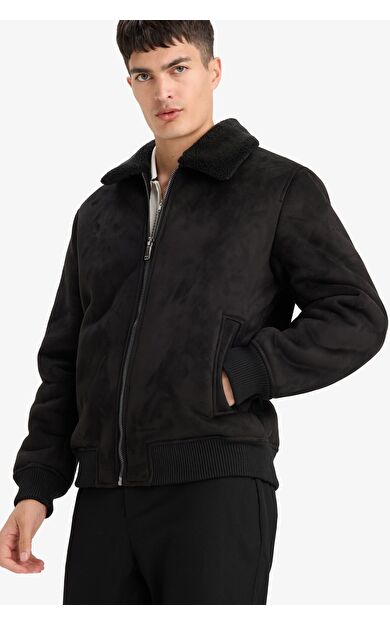 DeFacto Slim Fit Dar Kesim Kürklü Polo Yaka Astarlı Fermuarlı Cepli Süet Mont