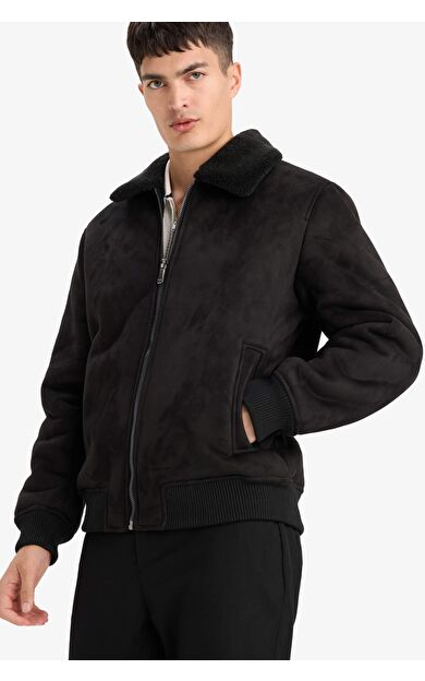 Slim Fit Dar Kesim Kürklü Polo Yaka Astarlı Fermuarlı Cepli Süet Mont