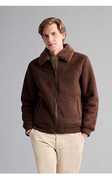 Slim Fit Dar Kesim Kürklü Polo Yaka Astarlı Fermuarlı Cepli Süet Mont