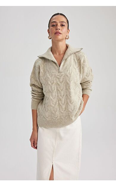 DeFacto Oversize Fit Fermuarlı Yaka Kazak