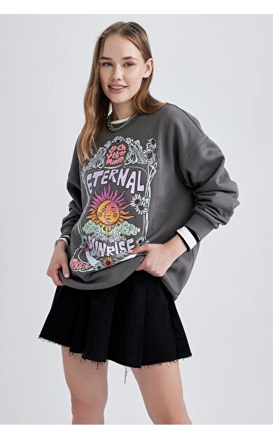 DeFacto Coool Oversize Fit Bisiklet Yaka Kalın Kumaş Sweatshirt
