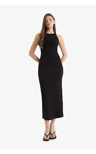 DeFacto Bodycon Vücudu Saran Halter Yaka Fitilli Kaşkorse Kolsuz Maxi Siyah Elbise