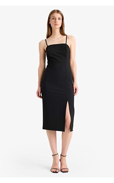 Kare Yaka Askılı Midi Elbise