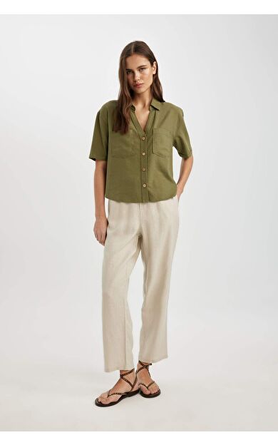 Jogger Fit Cepli Yüksek Bel Kısa Paça Keten Pantolon