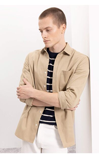 DeFacto DeFactoFit Regular Fit Polo Yaka Gabardin Uzun Kollu Gömlek A5383AX24AUBG801