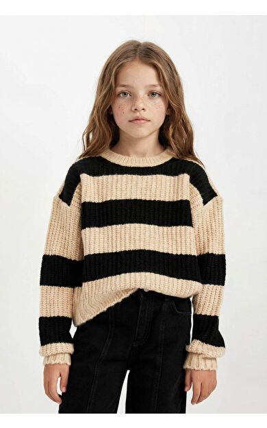 DeFacto Kız Çocuk Bisiklet Yaka Çizgili Kazak