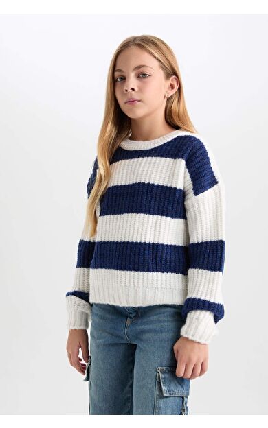 DeFacto Kız Çocuk Regular Fit Çizgili Bisiklet Yaka Triko Kazak