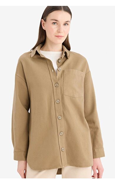DeFacto Relax Fit Basic Düz Gabardin Uzun Kollu Gömlek Tunik