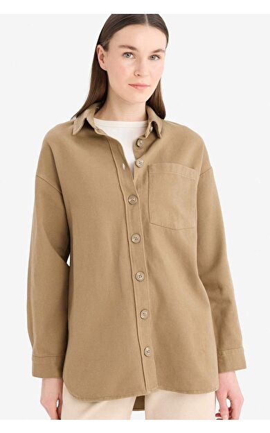 DeFacto Relax Fit Basic Düz Gabardin Uzun Kollu Gömlek Tunik