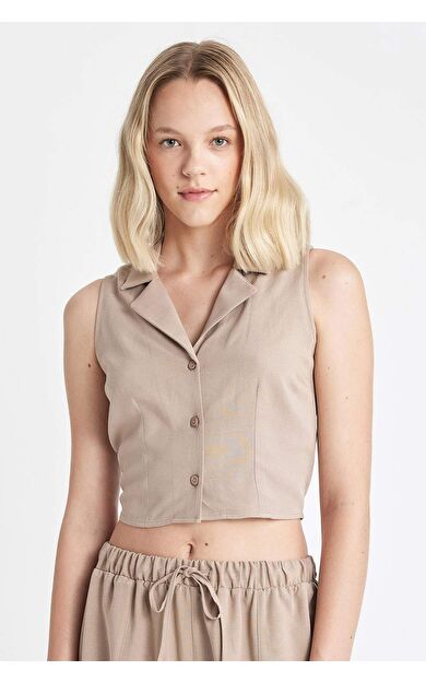 DeFactoFit Fitted Pijama Yaka Keten Karışımlı Kolsuz Gömlek