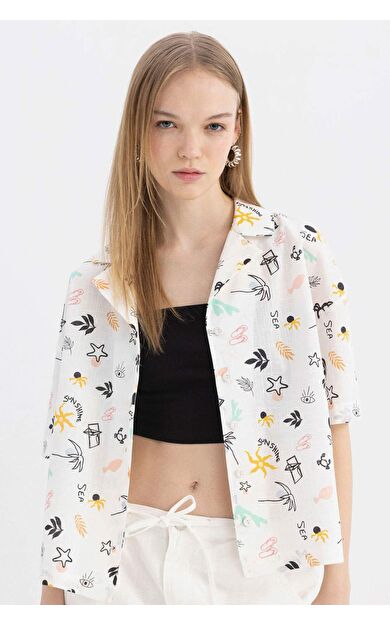 DeFacto Coool Oversize Fit Pijama Yaka Baskılı Kısa Kollu Gömlek