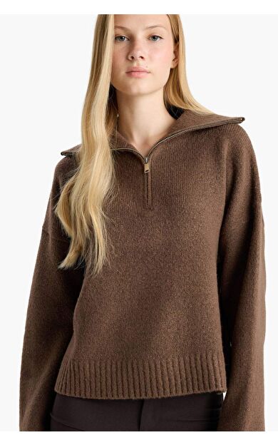 DeFacto Oversize Geniş Kalıp Polo Yaka Yarım Fermuarlı Triko Kazak