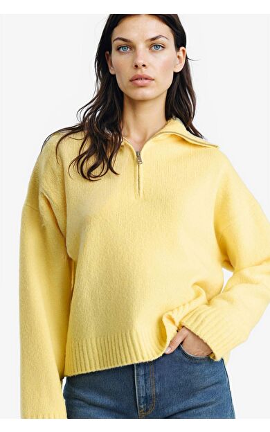 Oversize Geniş Kalıp Yarım Fermuarlı Dik Yaka Triko Kazak