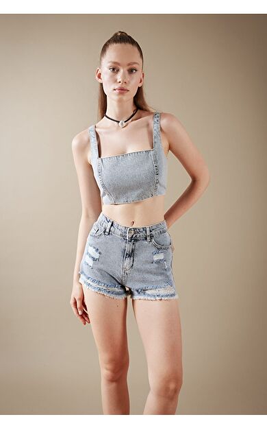 DeFacto Jean %100 Pamuk Crop Bluz