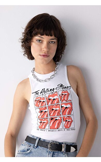 DeFacto Rolling Stones Fitted Baskılı Bisiklet Yaka Ribana Atlet