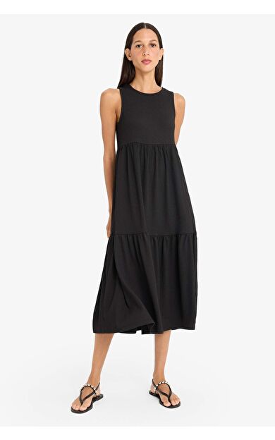 DeFacto Bisiklet Yaka Bürümcük Kolsuz Midi Siyah Elbise