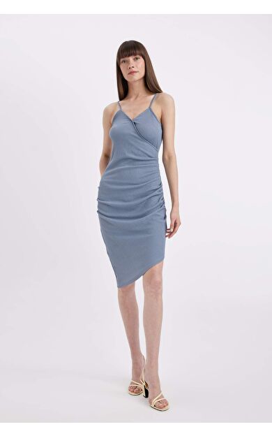 Bodycon Wrap Yaka Bürümcük Askılı Midi Elbise