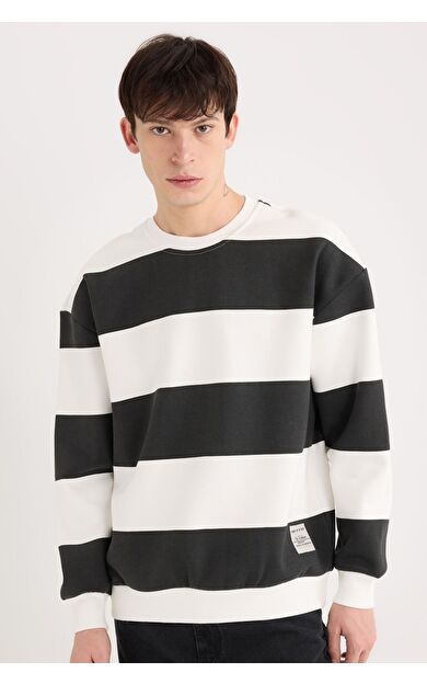 DeFacto Boxy Fit Bisiklet Yaka Çizgili Dokuma Etiketli Sweatshirt