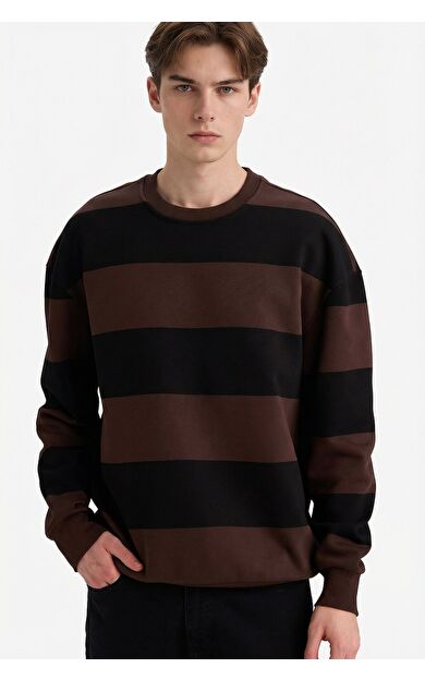 DeFacto Boxy Fit Bisiklet Yaka Çizgili Sweatshirt