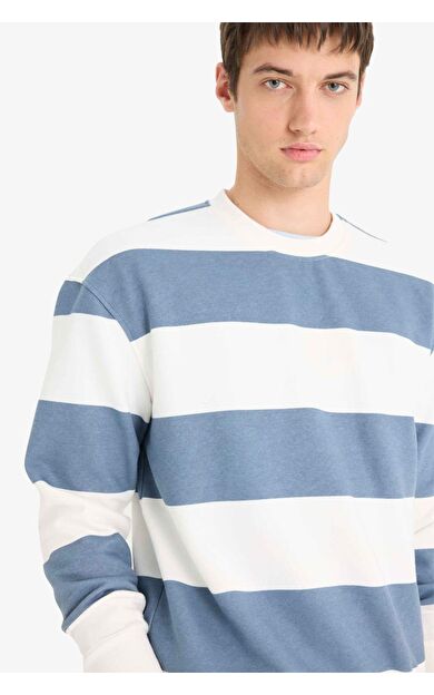 DeFacto Boxy Fit Bisiklet Yaka Çizgili Sweatshirt