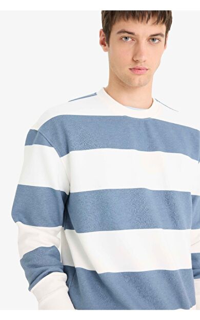 Boxy Fit Bisiklet Yaka Çizgili Sweatshirt