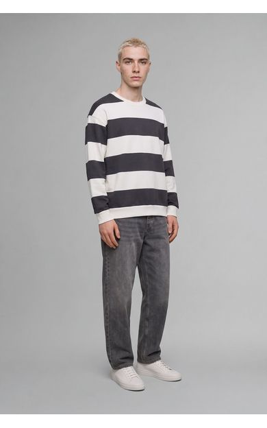 DeFacto Boxy Fıt Bisiklet Yaka Çizgili Sweatshirt Antrasit
