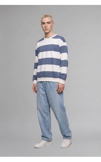 DeFacto Boxy Fıt Bisiklet Yaka Çizgili Sweatshirt Gri A9066AX26AUGR171