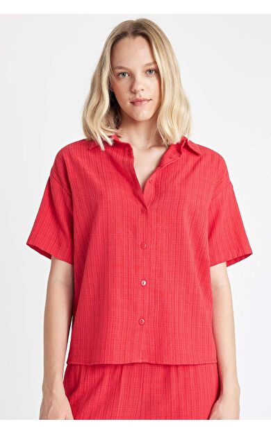 DeFactoFit Oversize Fit Keten Görünümlü Kısa Kollu Gömlek