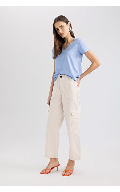 DeFacto Straight Fit Kargo Kargo Cepli Yüksek Bel Geniş Paça Gabardin Pantolon A9200AX24SMBG422
