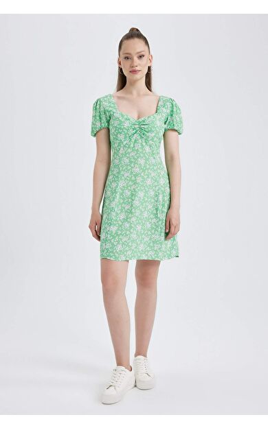 DeFacto DeFactoFit Coool Kalp Yaka Floral Maroken Mini Kısa Kollu Elbise