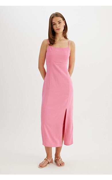 Kare Yaka Keten Karışımlı Askılı Midi Elbise