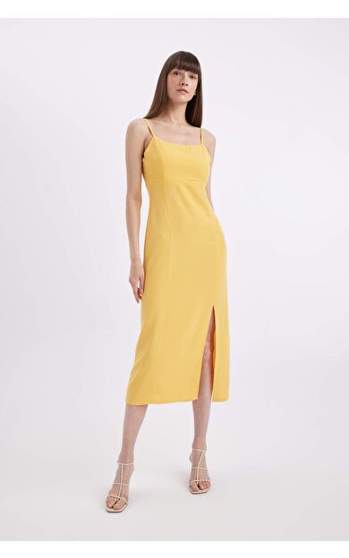 Kare Yaka Keten Karışımlı Askılı Midi Elbise