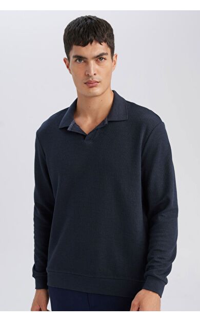 DeFacto Regular Fit Polo Yaka Jakarlı Triko Lacivert Sweatshirt