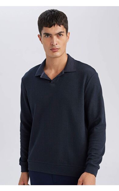 DeFacto Regular Fit Polo Yaka Jakarlı Triko Lacivert Sweatshirt
