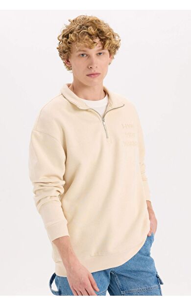 DeFacto Comfort Regular Fit Rahat Kalıp Dik Yaka Fermuarlı Baskılı Sweatshirt B0254AX24AUBG700
