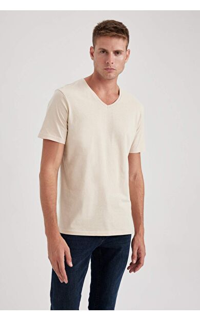 DeFacto Slim Fit Dar Kesim V Yaka Pamuklu Tişört B0646AXNSBG663