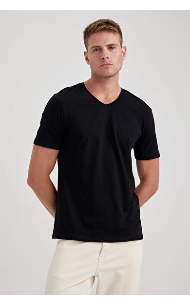 DeFacto Slim Fit Dar Kesim V Yaka Pamuklu Tişört B0646AXNSBK81